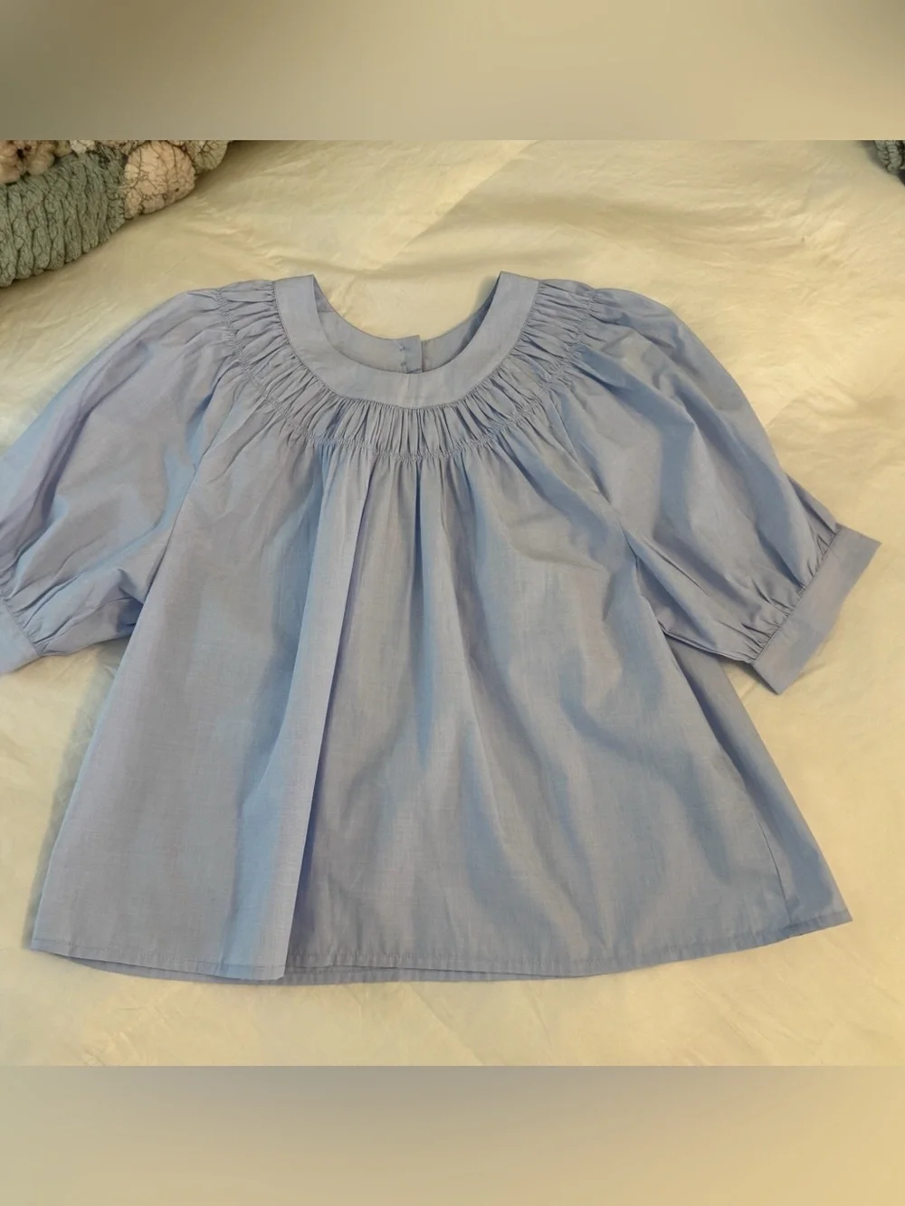 J. Crew Light Blue Smock-neck puff-sleeve top in cotton poplin- Small- like new!